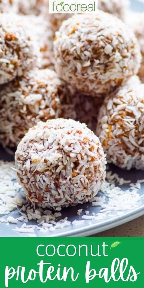 These Coconut Protein Balls taste like no bake bars, contain just 6 ingredients with no added sugars, and take 20 minutes to make. This protein ball recipe is perfect for a pre/post-workout snack or a way to curb sweet cravings, with 5g of protein per portion! Coconut Protein Balls, Energy Bars Recipe, Protein Balls Recipes, Coconut Protein, Healthy Recipes Easy Snacks, Yummy Healthy Snacks, Healthy Vegan Snacks, Protein Bites, Protein Balls