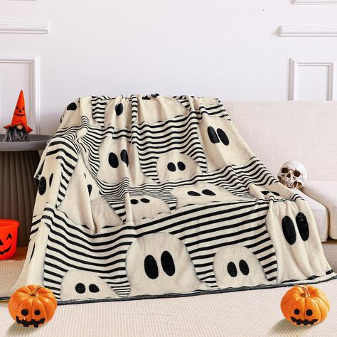 PRICES MAY VARY. Soft Flannel Material: cute ghost striped Halloween blanket is made of quality flannel, soft and comfortable; Providing warmth with light weight, this blanket serves as an ideal accessory for all seasons; You can enjoy this fluffy blanket with its plush flannel touch Generously Sized: sized generously at 50 x 60 inches/ 127 x 152 cm, this Halloween themed throw blanket is ideal for individual use or draping across your bed for an adorable aesthetic; It's ample enough to wrap mos Spooky Blanket, Retro Halloween Decorations, Halloween Throw Blanket, Spooky Halloween Food, Holiday Party Gifts, Annual Halloween Party, Halloween Pillows Covers, Halloween Bedroom, Striped Blanket