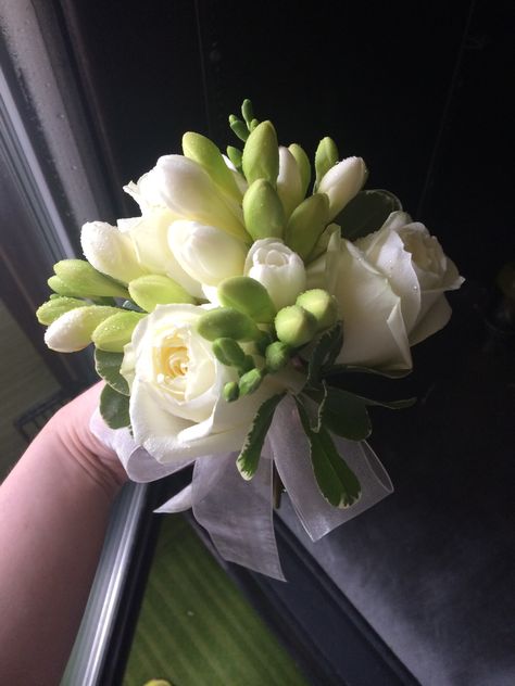 mother's nosegay, white garden roses and white freesia Nosegay Bouquet Wedding, Bouquet Wedding Simple, Freesia Corsage, Nosegay Bouquet, White Garden Roses, White Freesia, Corsage Ideas, Rome Wedding, Wedding Simple