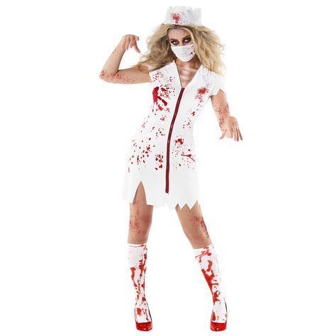 PRICES MAY VARY. 100% Polyester Halloween nurse costume includes red splattered torn hem dress with a white camisole slip dress, splattered nurses hat and matching face mask (not medical grade) Nurse dress costume is made to be breathable, soft and comfortable for all body types. Our costumes are designed to last more than one wear, so you can rock the look another time! Dead nurse costume is available in sizes Medium 8-10 , Large 12-14, X-Large 16-18. Please refer to the size chart, in the prod Zombie Costume Women, Nurse Halloween Costumes, Zombie Nurse Costume, Costume Women Halloween, Zombie Nurse, Nurse Halloween Costume, Zombie Halloween Costumes, Nurse Outfit, Nurse Halloween