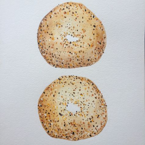 Everything bagel, watercolor by @amydrawsfood Everything Bagel Drawing, Bagel Watercolor, Bagel Painting, Watercolor Postcards, House Paintings, Watercolor Postcard, Everything Bagel, Detail Art, Bagels