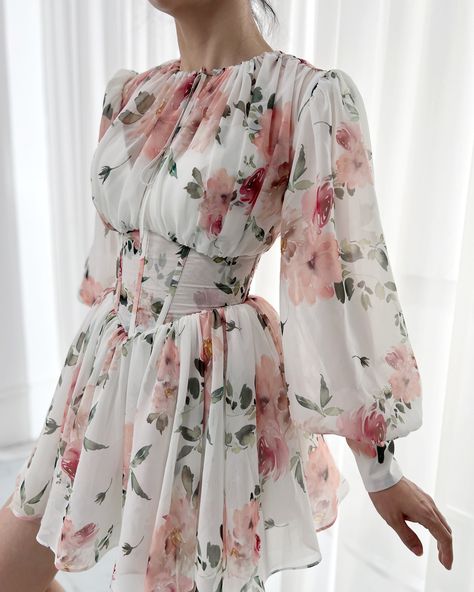 MissJophiel Puff Long Sleeves Floral Print Chiffon Mini Dress Chifon Dress, Full Sleeves Design, Bag Designs, Chiffon Mini Dress, Floral Print Chiffon, Stylish Party Dresses, فستان سهرة, Puff Long Sleeves, Elegant Dresses For Women