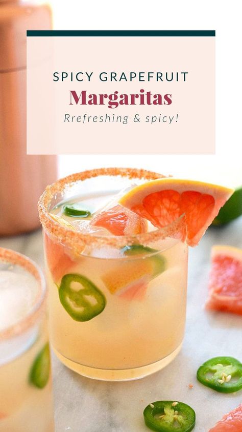 Spice up your classic margarita recipe with some jalapeño infused tequila and juicy, fresh grapefruit juice for the most delicious cocktail on the planet! I promise you'll have your friends begging you to make this Spicy Grapefruit Margarita Recipe all summer long. Lime Juice Margarita, Grapefruit Margarita Recipe, Spicy Margarita Recipe, Grapefruit Margarita, Fruit Margarita, Infused Tequila, Classic Margarita Recipe, Citrus Drinks, Spicy Margarita