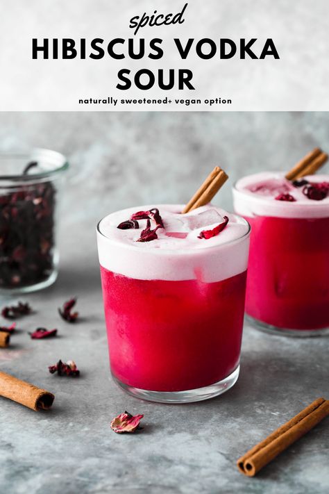 This spiced hibiscus vodka sour recipe is a fun and festive twist on a classic vodka sour cocktail. Floral, laced with notes of cinnamon + ginger, and perfectly sweet tart for an easy make at home cocktail. Naturally sweetened! #cocktailrecipe #homebartender #vodkasour #naturallysweetenedcocktail Vodka Sour Recipe, Hibiscus Cocktail, Hibiscus Drink, Vodka Sour, Spring Drink, Liquor Recipes, Vodka Cocktails Recipes, Cocktail And Mocktail, Sweet Cocktails