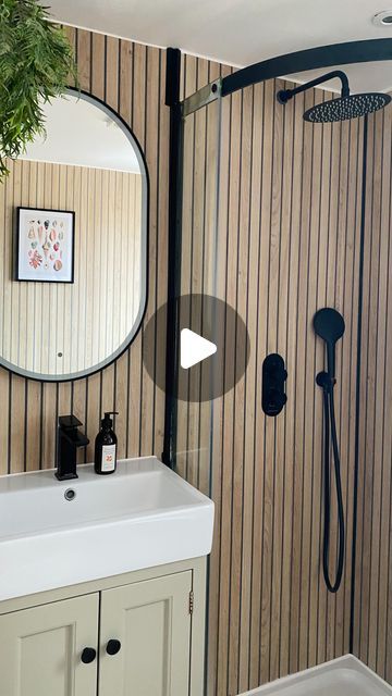 Lily Sawyer Interiors on Instagram: "ad 💦🐚🚿🚽WATCH TILL THE END There was only one solution to my shower room problem without tiling - naturepanel_uk. It’s the slat wood panel that’s 100% waterproof, easy to clean as it’s virtually flat and quick to install. It goes straight onto walls and the panels are joined together with a clever hydrolock joint system to ensure watertightness. It’s a revolutionary innovation! I’ve put it in my shower cubicle for a seamless look. For the floor, I went with @multipanel_it Rimini which is a textured luxury vinyl that mimics the natural beauty of stone with easy interlocking assembly - no adhesive required. I’m over the moon with the result and we are finally 100% waterproof - without having to go down the tiling route! Phew!😅Check out Naturepanel and Slat Wood Panel, Shower Cubicle, Till The End, Rimini, Wood Panel, Shower Room, Over The Moon, Luxury Vinyl, Apartment Therapy