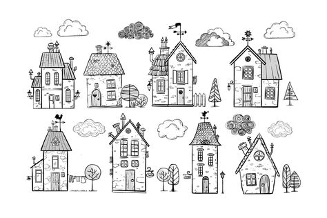 Set of doodle houses by Elina_Li on @creativemarket Line Art Drawings Of Houses, Line Art House Drawing, Doodle Houses Drawing, House Doodles Simple, House Drawing Sketches Simple, Houses Doodle, Building Doodles, Line Drawing House, Doodle Houses