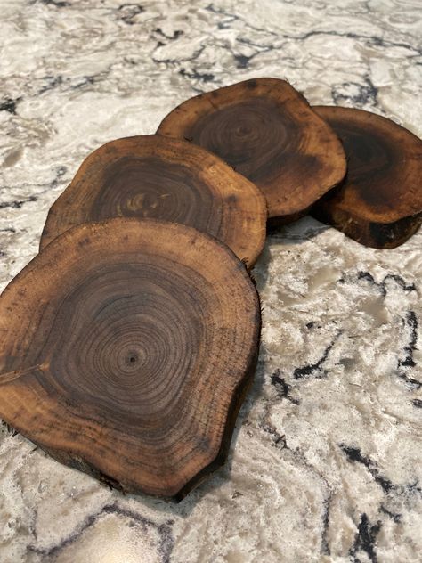 Beautiful handmade black walnut coasters. Poly sealed. They are roughly 3.5-4.5 inches across with a deep rich dark tone.  4 to a set. Created from naturally fallen timber each one is handmade and well crafted. They can be made with or without bark on them. If you want the bark please message directly if you have that preference. Yours will look similar to the ones pictured. Live Edge Black Walnut, Upcycled Wood, Black Walnut Wood, Live Edge Wood, Wood Slices, Wood Wood, Dark Walnut, Black Walnuts, Wood Coasters