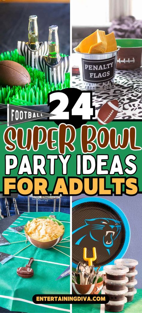 Super Bowl Party Ideas For Adults | Super Bowl Party Party Decor For Adults, Football Party Printables, Super Bowl Party Games, Football Party Appetizers, Appetizers Football, Snack Stadium, Superbowl Party Games, Superbowl Party Decorations, Football Cakes