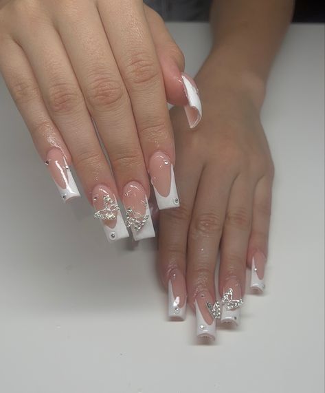 Medium nails White And Silver Butterfly Nails, White French Tip Nails With Butterfly Charm, White French Butterfly Nails, Short Square Acrylic Nails Butterfly, Short Nails With Butterfly Charms, Wedding Nails Butterfly, French Tip With Butterfly Charm, Nail Inspo Square White, White Bday Nails