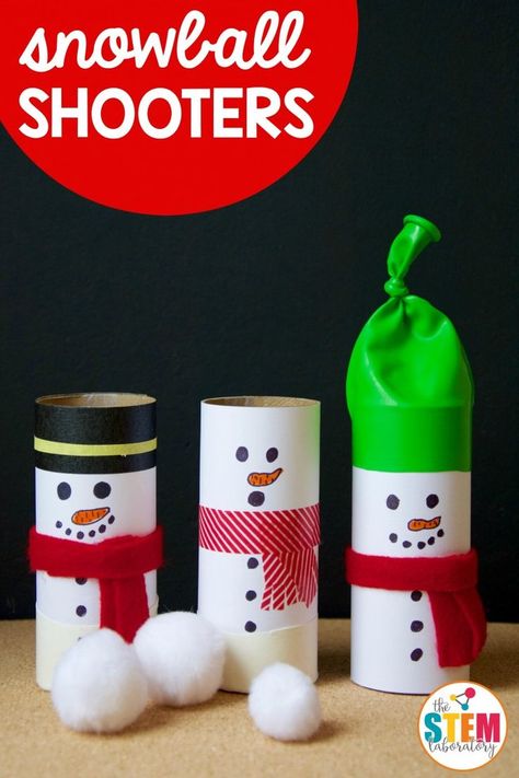 These oh so cute snowball shooters are a snap to make and are a hilariously fun way to explore some key concepts in physics with preschool, kindergarten and first grade kids! Can winter STEM get any better than? #winterSTEM #holidaySTEM #thestemlaboratory Snow Stem Activities Elementary, Christmas Projects For First Grade, Christmas Crafts For First Grade Student, Stem First Grade Activities, Winter Craft First Grade, Christmas Activities First Grade, January Stem Activities For Kids, First Grade Winter Crafts, First Grade Christmas Activities