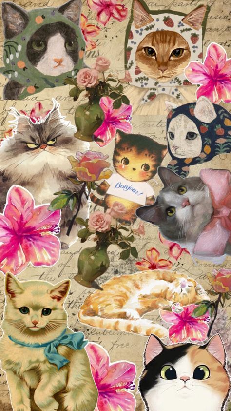 Collage of cats and flowers Collage Cat Art, Cats Collage, Collage Cat, Cats And Flowers, Cat Collage, Artist Trading Cards, Cat Art, Collage Art, Kitty