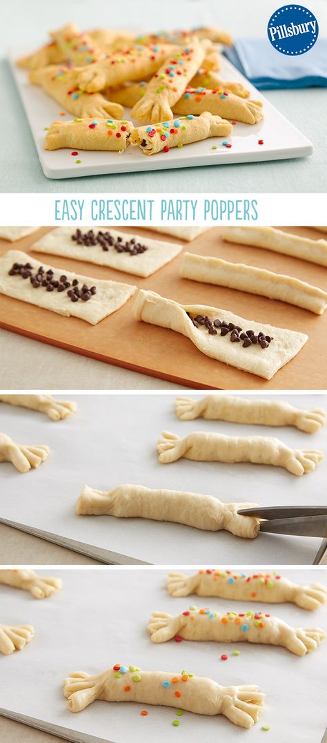 Here's a party snack everyone will love: Easy Crescent Party Poppers! The kids can't have champagne to ring in the new year, but they can have chocolate! These poppers bring the fun with chocolate "confetti" inside! Nye Treats For Kids, New Years Kids Snacks, Kids Nye Appetizers, New Years Snack Ideas For Kids, Nye Party Food For Kids, Kid Friendly New Years Eve Food, Nye Snacks For Kids, New Years Kids Food, New Year Snack Ideas