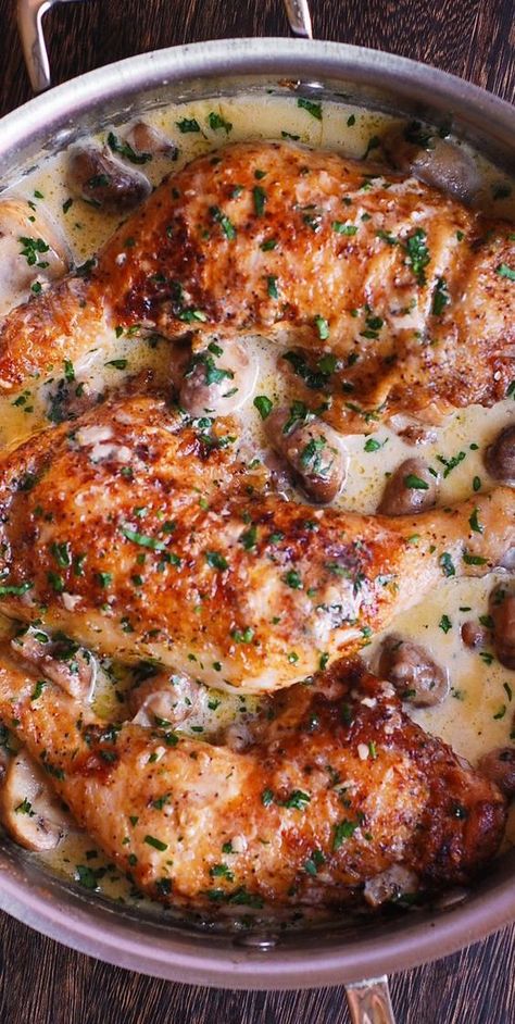 Chicken Legs with Creamy Mushroom Sauce Mushroom Sauce Chicken, Chicken With Mushrooms, Chicken Mushroom Recipes, Chicken Leg Recipes, Sauce Chicken, Creamy Mushroom Sauce, Chicken Main Dishes, Creamy Mushrooms, Mushroom Sauce