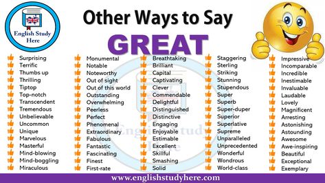 http://englishstudyhere.com/speaking/other-ways-to-say-great/ Other Ways To Say, Conversational English, Descriptive Words, English Vocab, Feelings Words, English Language Teaching, English Writing Skills, English Tips, Words To Use