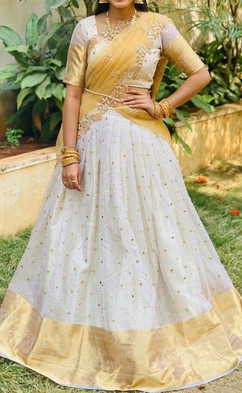 Net Half Saree, Kerala Half Saree, Lehenga Gold, Half Saree Set, Mirror Lehenga, Sequence Blouse, Lehenga Saree Design, Half Saree Lehenga, Lehenga Fabric