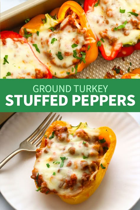 Ground Turkey Stuffed Peppers Ground Turkey Recipes Stuffed Peppers, Ground Turkey Lasagna, Turkey Stuffed Peppers, Classic Stuffing Recipe, Classic Stuffing, Lasagna Stuffed Peppers, Ground Turkey Stuffed Peppers, Main Entree Recipes, Turkey Lasagna