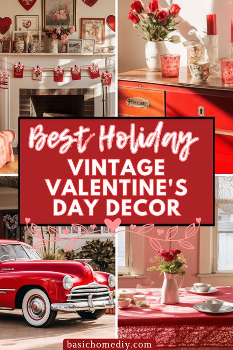 Easy Ideas for Vintage Valentine's Day Decor to Display - Basic Home DIY Valentines House Decor Living Room, Valentine’s Day Fireplace Decor, Pellet Stove Ideas, Connection Painting, Black Mantle Fireplace, Black Fireplace Surround, Black Brick Fireplace, Black Mantle, Valentine's Day Party Games