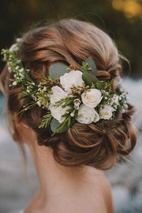 Flower crowns are a winning winter wedding hair accessory. #weddinghairupdos Bridal Updo With Veil, Romantic Bridesmaid Dresses, Short Hair Makeup, Wedding Hairstyles And Makeup, Winter Wedding Hair, Flower Crown Hairstyle, Flowers In Her Hair, Best Wedding Hairstyles, Trendy Wedding Hairstyles