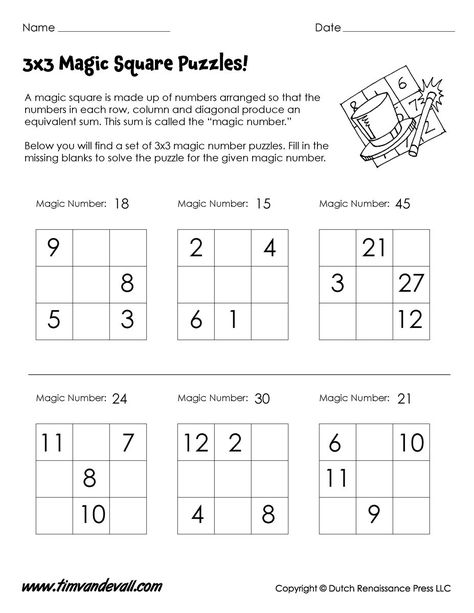 3x3-Magic-Square-Worksheet - Tim's Printables Magic Squares Math, Square Worksheet, Math Rti, Math Logic Puzzles, Mental Maths Worksheets, Solving Quadratic Equations, First Grade Math Worksheets, Free Printable Math Worksheets, Math Magic