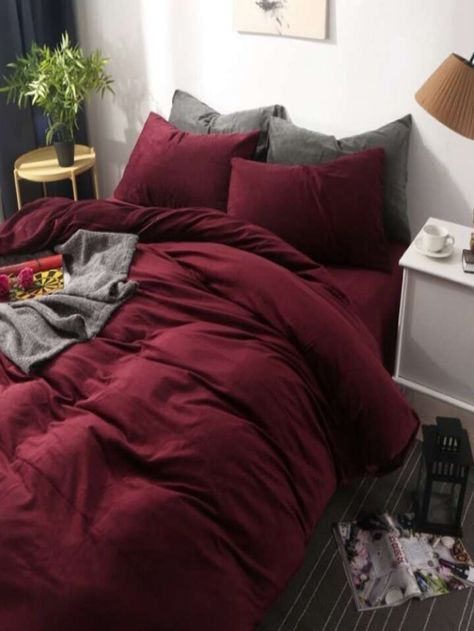 3pcs Wine Red Duvet Cover Set Made Of Soft Microfiber Material With 4 Corner Ties And Zipper Closure, Including 2 Pillowcases And 1 Comforter Cover | SHEIN USA Burgundy Bed Sheets, Dark Red Bedding, Maroon Comforter, Cherry Red Bedroom, Burgundy Bed, Maroon Bedding, Red Bedroom Ideas, Burgundy Bedding, Red Duvet