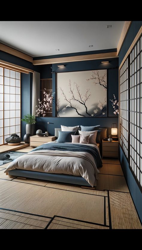 Ink Blue Bedroom, Asian Inspired Bedroom Decor, Modern Blue Bedroom, Midnight Blue Bedroom, Muji Bedroom, Bedroom Navy Blue, Asian Inspired Bedroom, Navy Blue Bedroom Ideas, London Room