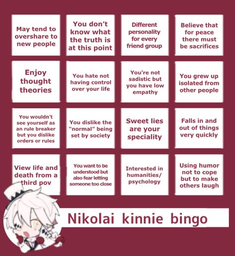 Nikolai Kinnie Bingo, Bungou Stray Dogs Nikolai, Nikolai Kinnie, Gay Outfits, Man Gay, Kinnie Bingo, Bingo Template, Nikolai Gogol, Ouran Host Club