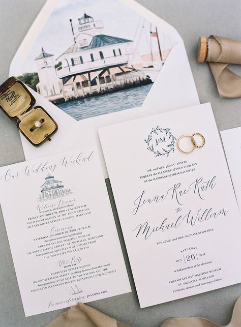 Jenna and Michael's Chesapeake Bay Wedding Chesapeake Bay Wedding, Muskoka Wedding, Chesapeake Bay Beach Club, Watercolor Invitation, Non Traditional Wedding, Keys Wedding, Strong Marriage, Bay Wedding, Museum Wedding