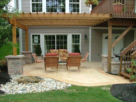 25 Amazing Walkout Basement Backyard Ideas - Our Blue Ridge House Concrete Patio Under Deck, Walkout Basement Patio, Patio Under Decks, Under Deck, Concrete Patios, Patio Deck Designs, Stamped Concrete Patio, Pergola Attached To House, Backyard Pergola