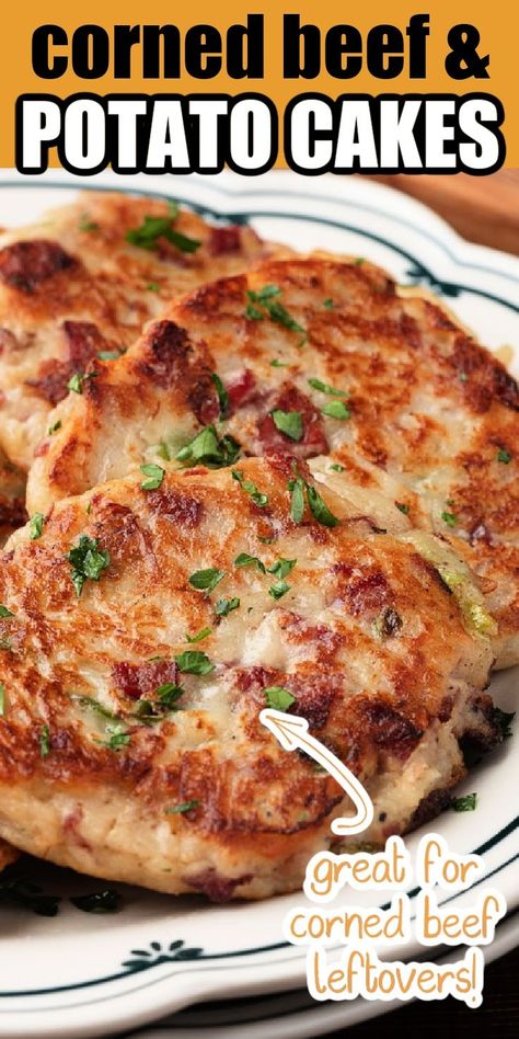 closeup of corned beef cakes on a white plate with green scalloped border. text reads "corned beef & potato cakes" and "great for corned beef leftovers!" Corned Beef Leftovers, Irish Boxty, Cooking Corned Beef, Shredded Potatoes, Raw Potato, Corned Beef Recipes, Grated Potato, Beef And Potatoes, Potato Pancakes