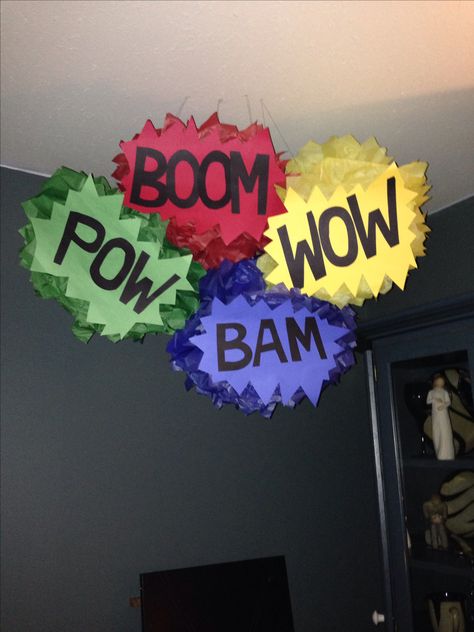 Tissue paper poms for superhero themed party !            Thi would be a fun thing for Blake party Superhero School Theme, Tissue Paper Poms, Hero Classroom Theme, Superhero Themed Party, Superhero Class, Superhero Vbs, Superhero School, Superhero Classroom Theme, Superhero Theme Party