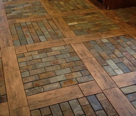 Brick Living Room Floor, Wood Block Floor, Wood And Stone Floor, Rustic Tile Floor, End Grain Flooring, Wood Block Flooring, Wood Floor Design, Brick Flooring, Work Bench