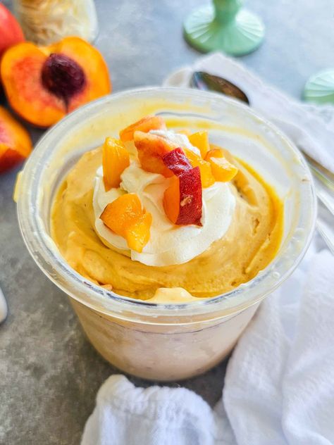 Smooth and creamy Ninja Creami peach cream-this stuff is SO good! My fav Ninja Creami ice cream recipe so far, simple, quick and easy. Perfect fall recipe. Peach Ice Cream Ninja Creami, Ninja Creami Recipe, Peach Ice Cream, Ninja Creami, Fall Recipe, Peach Cream, Kiss The Cook, Peaches And Cream, Canned Peaches