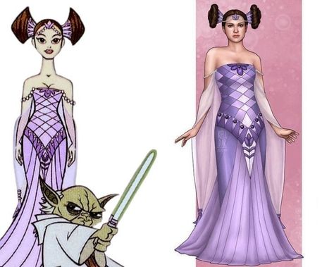 Padmé Amidala's costumes based on The Clone Wars 2D series by @kelldar || "This was my fav of her 2D Clone Wars costumes! It’s definitely the most interesting! I decided I wanted to keep it fairly graphic looking without adding too much detail; I imagine the bulk of it to be made of different solid colours of purple, with beaded appliques at the neckline and on the center “tabard” section. Sleeves chiffon, skirt insets both chiffon and satin in panels." Padme Amidala Clone Wars, Clone Wars Padme, Padme Dress, Padme Amidala Costume, Star Wars Fashion, Padme Amidala, The Clone Wars, Purple Diamond, Beaded Applique