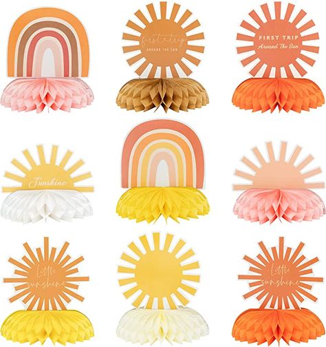 Sun Centerpieces, Sun Table Decor, Sun Centerpiece Ideas, Sun Birthday Party, Sun Birthday, First Trip Around The Sun, Boho Elements, Boho Sun, Baby Shower Supplies