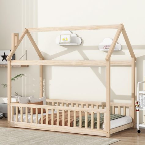 PRICES MAY VARY. 🧸【Floor Bed with Safety Guardrails】The toddler floor bed being so close to the floor and surrounding full-lenth solid wood safety guardrails, eliminates the risk of any nasty falls and bumps, provide a safer and more fun sleeping or playground space for kids. 🧸【Cultivate Kids to Sleep Independently】Floor bed design the low height allow your kids to go in and out of bed alone, help your children transition away from co-sleeping or bed-sharing and towards a more independent slee Twin Floor Bed, Twin House Bed, Twin House, Montessori Floor Bed, Floor Bed Frame, House Frame Bed, Montessori Bed, Natural Bed, Boy Girl Bedroom