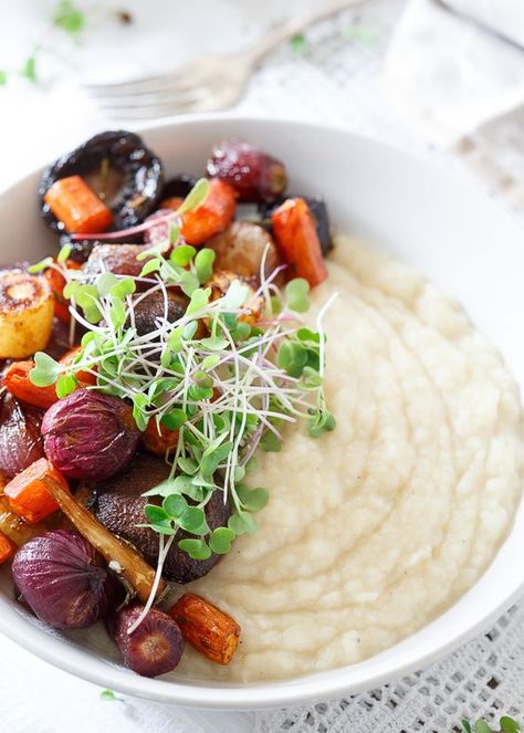 Celery Root Puree with Roasted Balsamic Vegetables makes an incredibly comforting vegetarian meal. Roasted Vegetables Balsamic, Balsamic Vegetables, Celery Root Puree, Roasted Rainbow Carrots, Farmers Market Recipes, Celery Root, Vegetarian Meal, Side Recipes, Meatless Meals