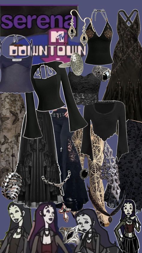 General mood board of serena for clothes inspo/ jewelry Serena Mtv Downtown, Serena Mtv, Downtown Mtv, Romantic Goth Outfits, Mtv Downtown, Harajuku Goth, Goth Outfit Ideas, Grunge Fits, White Mini Skirts