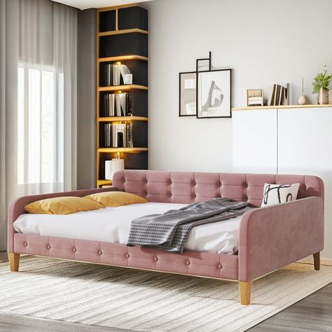 Mercer41 Tyere Velvet Daybed with Button Tufted Backrest and Solid Wood Legs | Wayfair Full Size Daybed, Sofa Bed Frame, Daybed Design, Daybed Bedding, Velvet Design, Upholstered Daybed, Modern Addition, Beds And Headboards, Wood Bed Frame