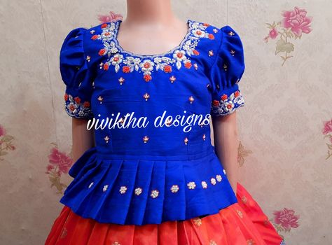 Ikkat Pattu Langa For Kids, Pattu Pavadai Kids Blouse Designs Maggam Work, Kids Pattu Langa Blouse Designs Maggam Work, Kids Pattu Langa Blouse Designs, Kids Pattupavada, Pattu Pavadai Kids Blouse Designs, Luxury Kids Room, Langa Blouse For Kids, Long Frocks For Kids