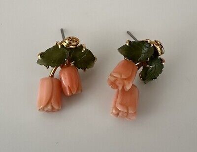 Perfect condition- immaculate, beautiful vintage earrings Rose Earrings, Gold Plated Earrings, Vintage Earrings, Vintage Gold, Tulips, Jade, Coral, Plating, Carving