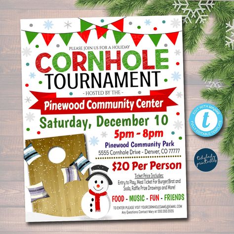 "CHRISTMAS CORNHOLE EVENT FLYER *ALL TEXT IS EDITABLE SO YOU CAN CREATE THIS TO SAY WHATEVER YOU WISH - TO CUSTOMIZE FOR YOUR EVENT! This printable HOLIDAY CORNHOLE template is great to use for countless events! A great value for your school, business, church, PTO PTA Organization, community fundraising events and more! Full Editing Options With Templett.com TRY BEFORE YOU BUY! Copy and paste the demo link below: https://templett.com/design/demo/TidyLady19/10168890 Designed for Printing 8.5x11\" Pta Organization, Fundraiser Event, Invitation Text, Fundraising Ideas, Fundraising Events, Backyard Party, Event Flyer, Event Poster, One Tree