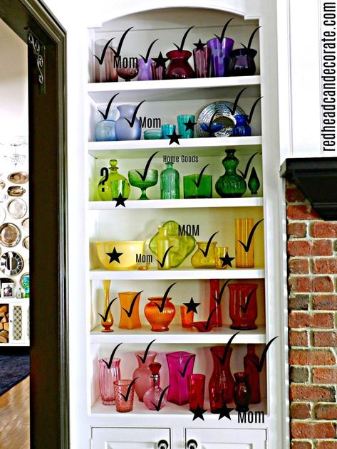 Diy Glasses Display, Glasswear Display, Mcm Thrift Finds, Colored Glass Display, Thrifting Furniture Ideas, Uranium Glass Display, Rainbow Dishes, Rainbow Shelves, Vintage Glass Display