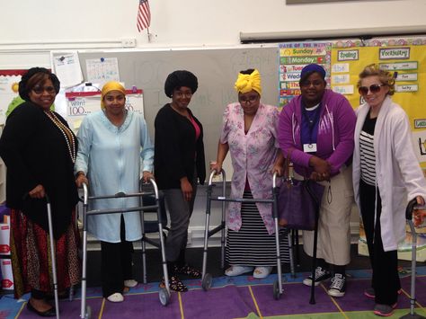 Teachers dress for 100th day celwbration Teacher Dress Up Ideas, Kids Old Lady Costume, Old People Costume, Old Lady Halloween, School Dress Up Days, Spirit Week Themes, Old Lady Dress, Education Notes, School Teacher Outfit