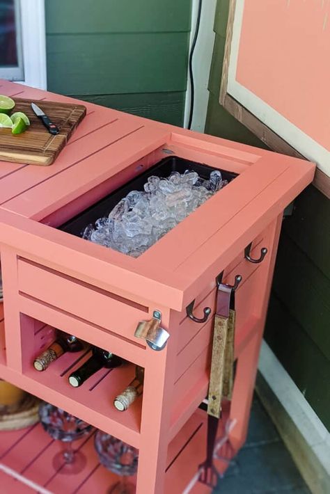 Diy Outdoor Bar Cart, Functional Bar Cart, Build Your Own Bar, Mobile Bar Cart, Wood Cooler, Bar On Wheels, Diy Cooler, Patio Cooler, Diy Bar Cart