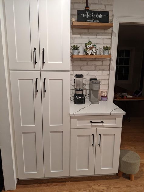 Built In Pantry With Countertop, Accent Color Cabinet In Kitchen, Coffee Bar Pantry Wall, Pantry Hutch Cabinet, Small Coffee Bar Cabinet, Extra Cabinet Space In Kitchen, Kitchen With Garage Door Entry, Coffee Bar Pantry Cabinet, Shallow Kitchen Cabinets