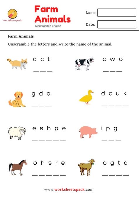 Name The Animals Worksheet, Farm Animals Worksheets For Grade 1, English Animals Worksheet, Worksheet Animals For Kids, English For Kindergarten Worksheets, Worksheet English For Kindergarten, Animal Worksheets Kindergarten, Unscramble Words Worksheets, Animals Worksheet For Grade 1