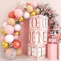 First Birthday Backdrop, Photo Centerpieces, Spring Party Decorations, First Birthday Balloons, 1st Birthday Girl Decorations, Baby Cake Smash, Rosé Theme, Floral Balloons, Balloon Box