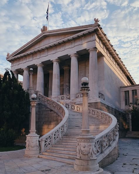 Classic Greek Architecture, Ancient Greek Library, Roman Inspired Architecture, Ancient Greece Aesthetic Architecture, Greek Architecture Aesthetic, Greek Structures, Greek Library, Athens Architecture, Ancient Greece Architecture