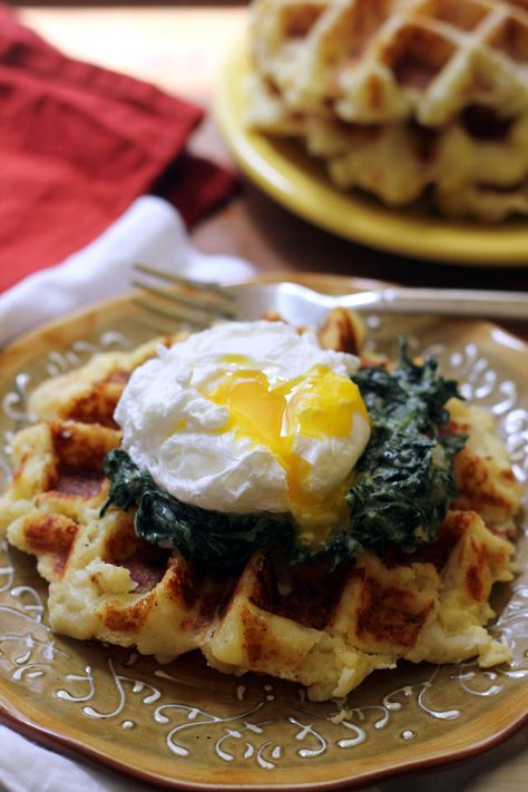 Potato waffle eggs florentine is brunch at its best! Waffles made from leftover mashed potatoes are topped with creamed spinach and a poached egg to make a meal to remember. Waffle Eggs, Savoury Breakfast, Eggs Florentine, Potato Waffles, Savory Waffles, Leftover Mashed Potatoes, Waffle Toppings, Creamed Spinach, Savory Breakfast