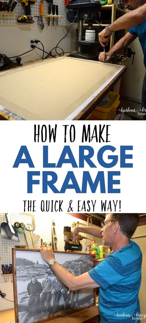 A man assembling a homemade picture frame with a large family picture (engineer print) in it. Diy 24x36 Picture Frame, Extra Large Picture Frames, How To Hang A Large Picture On The Wall, Diy Poster Frame Large Prints, How To Make A Frame, Diy Large Picture Frame, Large Picture Frame Ideas, Diy Large Art, Map On Wall